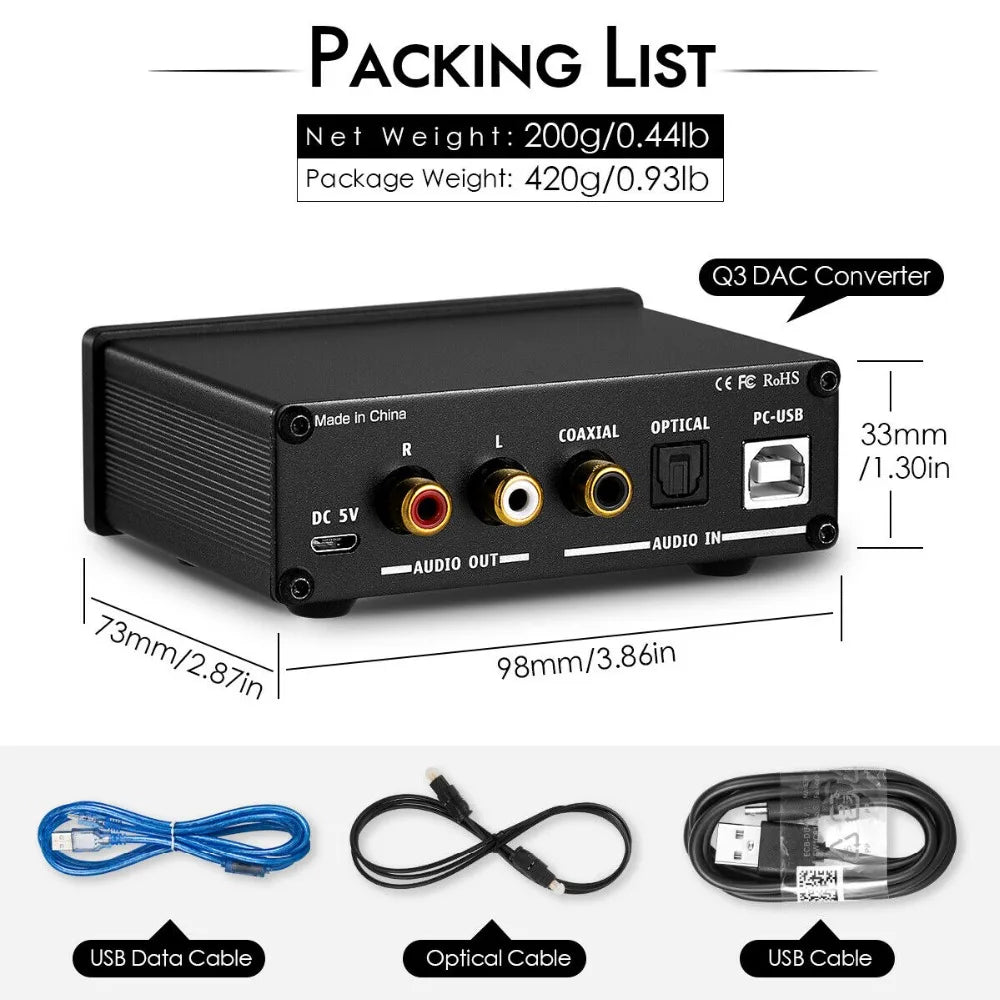 HiFi Q3 USB DAC Mini Digital-to-Analog Converter with Treble & Bass Control