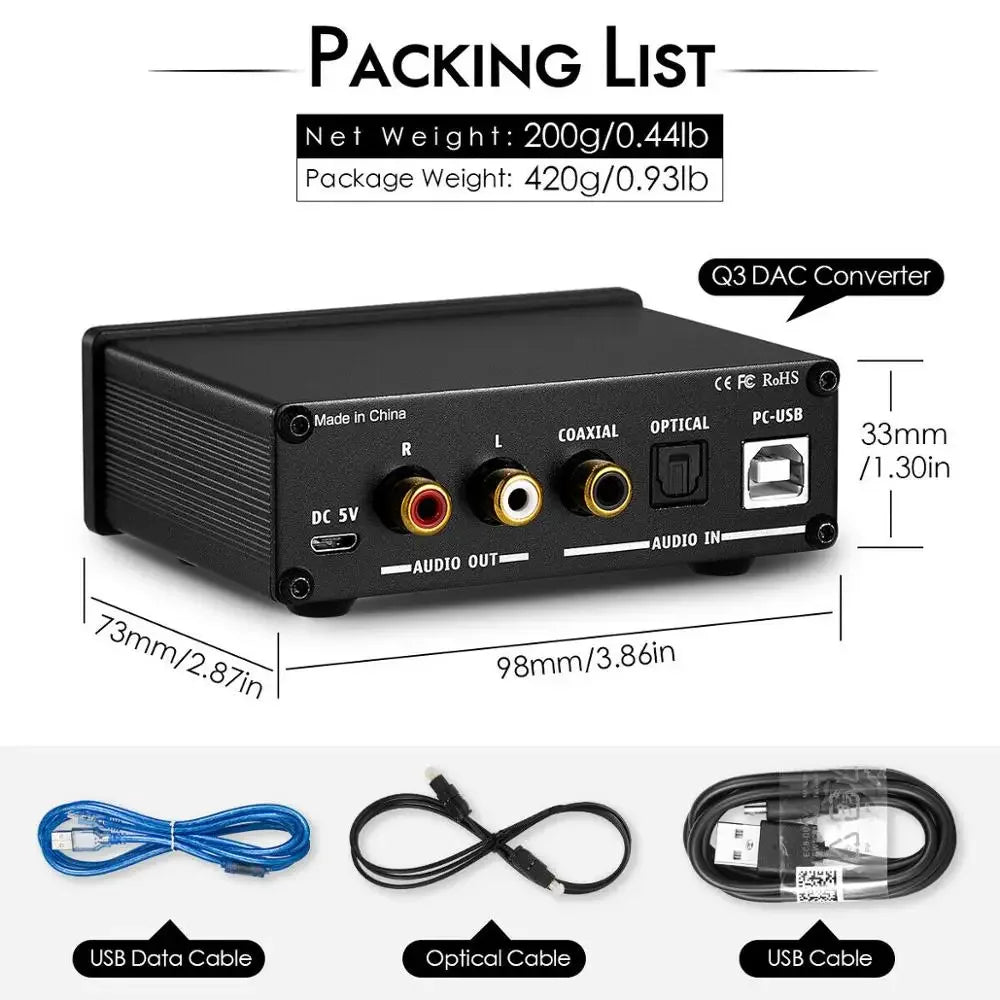 HiFi Q3 USB DAC Mini Digital-to-Analog Converter with Treble & Bass Control