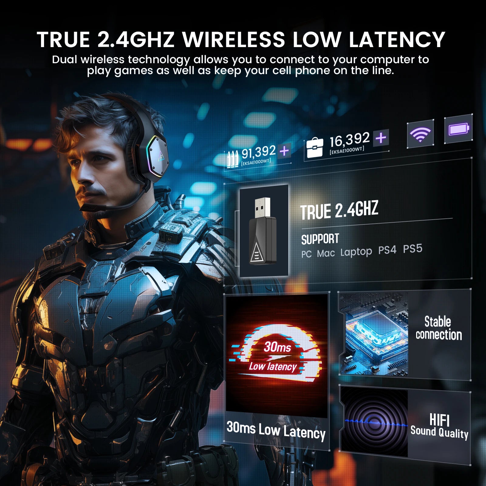 EKSA E1000 WT – Ultra-Low Latency Wireless Gaming Headset with 7.1 Surround Sound