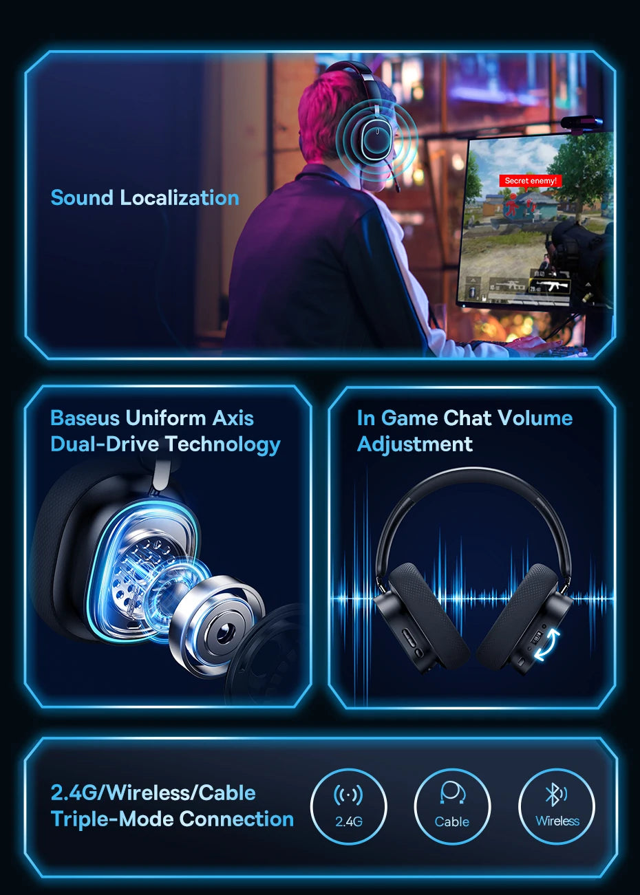 Baseus Gaming Headphones - Dual-Mode Wireless 40mm Driver, 40H Playback with ChatMix